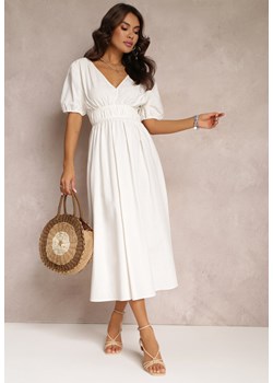 Biała Sukienka Midi z Gumką w Talii ze Skrzyżowanymi Paskami na Plecach Jorlyn ze sklepu Renee odzież w kategorii Sukienki - zdjęcie 157106195