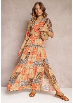 Pomarańczowa Sukienka Maxi z Krótkim Rękawem i Gumkami w Talii z Wiskozy Aveda ze sklepu Renee odzież w kategorii Sukienki - zdjęcie 157106205