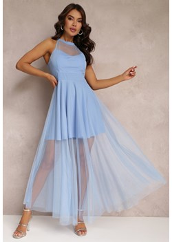 Niebieska Sukienka Maxi z Tiulowego Materiału z Rozkloszowanym Dołem i Usztywnionymi Miseczkami Jarissa ze sklepu Renee odzież w kategorii Sukienki - zdjęcie 157106278