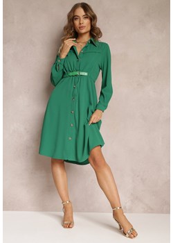 Zielona Koszulowa Sukienka z Gumką w Talii i Paskiem z Klamerką Jenele ze sklepu Renee odzież w kategorii Sukienki - zdjęcie 157106388