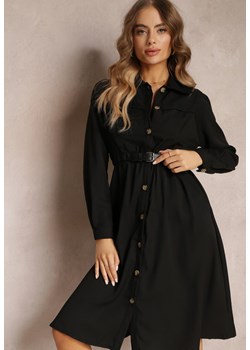 Czarna Koszulowa Sukienka z Gumką w Talii i Paskiem z Klamerką Jenele ze sklepu Renee odzież w kategorii Sukienki - zdjęcie 157106406