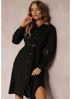Czarna Koszulowa Sukienka z Gumką w Talii i Paskiem z Klamerką Jenele ze sklepu Renee odzież w kategorii Sukienki - zdjęcie 157106408