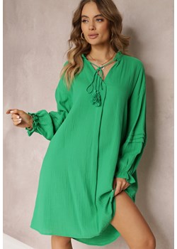 Zielona Sukienka Mini z Bawełny z Ozdobnymi Rękawami i Wiązaniem przy Dekolcie Shamika ze sklepu Renee odzież w kategorii Sukienki - zdjęcie 157106428