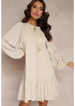 Beżowa Sukienka Mini z Falbanką i Koronkowymi Wstawkami Rikit ze sklepu Renee odzież w kategorii Sukienki - zdjęcie 157106508