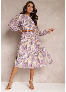 Fioletowa Plisowana Sukienka Midi z Długim Rękawem i Paskiem ze Sprzączką Lizeta ze sklepu Renee odzież w kategorii Sukienki - zdjęcie 157106598