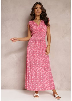 Ciemnoróżowa Rozkloszowana Sukienka Maxi z Gumką w Pasie i Głębokim Dekoltem Briasia ze sklepu Renee odzież w kategorii Sukienki - zdjęcie 157106728