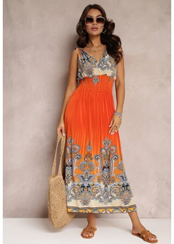 Pomarańczowa Rozkloszowana Sukienka z Gumką w Talii i Sznurkami na Ramiączkach Railia ze sklepu Renee odzież w kategorii Sukienki - zdjęcie 157106858