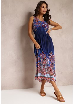 Granatowa Rozkloszowana Sukienka z Gumką w Talii i Sznurkami na Ramiączkach Railia ze sklepu Renee odzież w kategorii Sukienki - zdjęcie 157106868