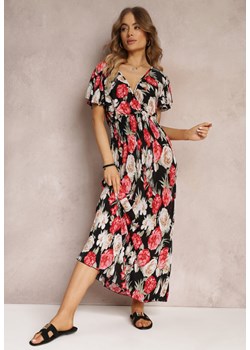 Czarno-Czerwona Kopertowa Sukienka Maxi w Kwiaty z Gumką w Talii Jazzly ze sklepu Renee odzież w kategorii Sukienki - zdjęcie 157106918