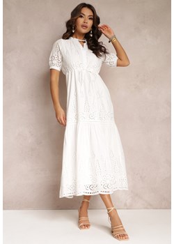 Biała Haftowana Sukienka Bawełniana ze Ściągaczem w Talii Ineryna ze sklepu Renee odzież w kategorii Sukienki - zdjęcie 157107426
