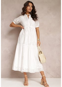 Biała Haftowana Sukienka Bawełniana ze Ściągaczem w Talii Ineryna ze sklepu Renee odzież w kategorii Sukienki - zdjęcie 157107427