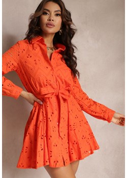 Pomarańczowa Koszulowa Sukienka Ażurowa z Wiązanym Paskiem Faeyela ze sklepu Renee odzież w kategorii Sukienki - zdjęcie 157107476
