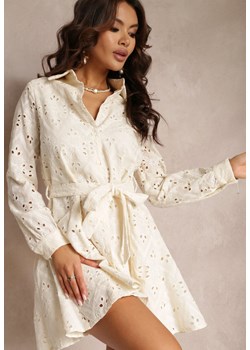 Beżowa Koszulowa Sukienka Ażurowa z Wiązanym Paskiem Faeyela ze sklepu Renee odzież w kategorii Sukienki - zdjęcie 157107479