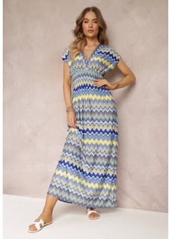 Niebieska Wzorzysta Sukienka Maxi z Gumką w Talii i Rozkloszowanym Dołem Noareya ze sklepu Renee odzież w kategorii Sukienki - zdjęcie 157107496
