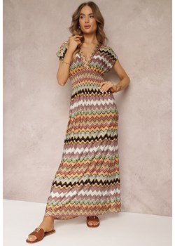 Beżowa Wzorzysta Sukienka Maxi z Gumką w Talii i Rozkloszowanym Dołem Noareya ze sklepu Renee odzież w kategorii Sukienki - zdjęcie 157107506