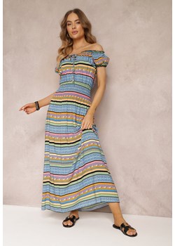 Jasnoniebieska Bawełniana Sukienka Maxi z Gumkami w Talii i Ozdobnym Wiązaniem przy Dekolcie Erinissa ze sklepu Renee odzież w kategorii Sukienki - zdjęcie 157107586
