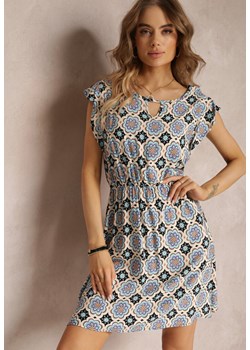Niebiesko-Czarna Bawełniana Sukienka Mini w Mozaikowy Wzór z Gumką w Talii Fiyona ze sklepu Renee odzież w kategorii Sukienki - zdjęcie 157107606