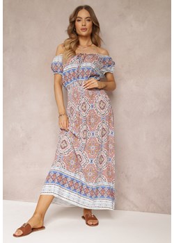 Niebiesko-Różowa Sukienka Maxi Hiszpanka  z Gumkami w Pasie i Ozdobnym Wiązaniem z Bawełny Giannis ze sklepu Renee odzież w kategorii Sukienki - zdjęcie 157107676
