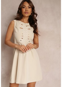 Beżowa Sukienka Mini Bez Rękawów z Wycięciami i Haftem Lilka ze sklepu Renee odzież w kategorii Sukienki - zdjęcie 157107808