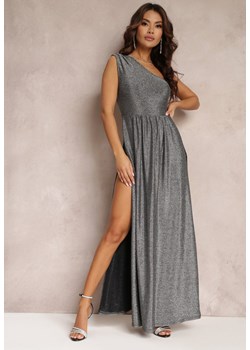 Srebrna Brokatowa Sukienka Maxi z Asymetryczną Górą i Rozkloszowanym Dołem Eulita ze sklepu Renee odzież w kategorii Sukienki - zdjęcie 157108207