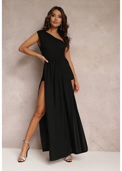 Czarna Brokatowa Sukienka Maxi z Asymetryczną Górą i Rozkloszowanym Dołem Eulita ze sklepu Renee odzież w kategorii Sukienki - zdjęcie 157108267