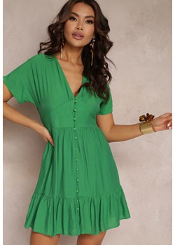 Zielona Taliowana Sukienka Szmizjerka Mini z Głębokim Dekoltem i Falbanką Nentri ze sklepu Renee odzież w kategorii Sukienki - zdjęcie 157108277