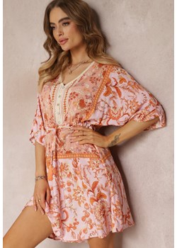 Pomarańczowo-Różowa Sukienka Mini z Wiskozy ze Sznurkiem w Pasie i Wiązaniem na Plecach Jadon ze sklepu Renee odzież w kategorii Sukienki - zdjęcie 157108447
