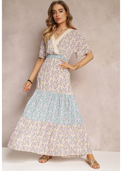Fioletowo-Niebieska Kopertowa Sukienka Maxi z Marszczoną Gumką w Pasie i Koronkową Taśmą Marea ze sklepu Renee odzież w kategorii Sukienki - zdjęcie 157108467