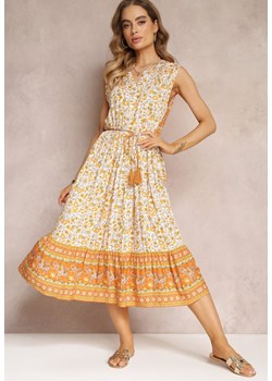 Żółta Sukienka Midi w Kwiaty z Paskiem z Materiału i Guzikami Devanie ze sklepu Renee odzież w kategorii Sukienki - zdjęcie 157108557