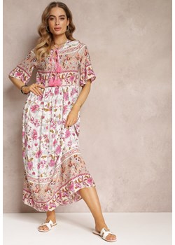 Beżowa Kwiecista Sukienka Maxi z Ozdobnym Wiązaniem i Rozkloszowanym Dołem Alvilda ze sklepu Renee odzież w kategorii Sukienki - zdjęcie 157108577