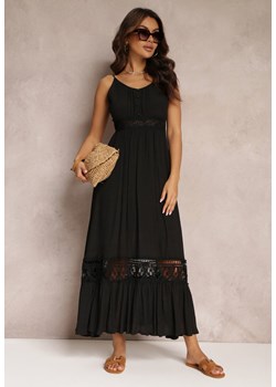 Czarna Rozkloszowana Sukienka Maxi z Falbanką i Koronką Luluma ze sklepu Renee odzież w kategorii Sukienki - zdjęcie 157108717
