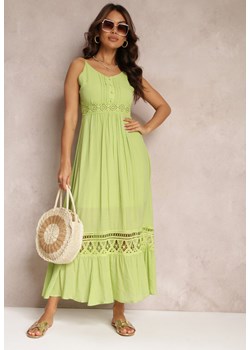 Zielona Rozkloszowana Sukienka Maxi z Falbanką i Koronką Luluma ze sklepu Renee odzież w kategorii Sukienki - zdjęcie 157108727
