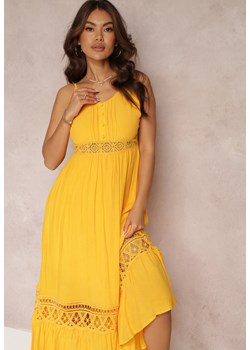 Żółta Rozkloszowana Sukienka Maxi z Falbanką i Koronką Luluma ze sklepu Renee odzież w kategorii Sukienki - zdjęcie 157108737