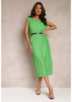 Zielona Pudełkowa Sukienka Midi z Plisowanej Tkaniny z Paskiem z Klamerką Lanaia ze sklepu Renee odzież w kategorii Sukienki - zdjęcie 157108967