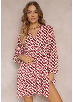 Biało-Czerwona Rozkloszowana Sukienka z Głębokim Dekoltem i Geometrycznym Wzorem Charene ze sklepu Renee odzież w kategorii Sukienki - zdjęcie 157109037
