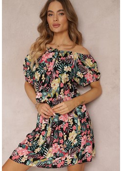 Czarno-Różowa Wiskozowa Sukienka Mini w Kwiaty z Hiszpańskim Dekoltem i Gumką w Talii Selecia ze sklepu Renee odzież w kategorii Sukienki - zdjęcie 157109145
