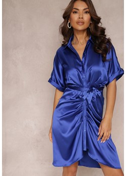 Granatowa Koszulowa Sukienka z Marszczeniem i Wiązanym Paskiem Batha ze sklepu Renee odzież w kategorii Sukienki - zdjęcie 157109257