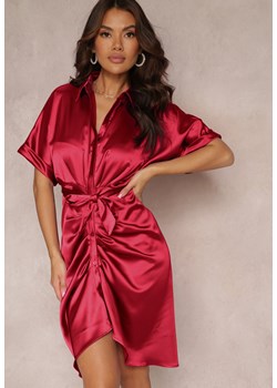 Bordowa Koszulowa Sukienka z Marszczeniem i Wiązanym Paskiem Batha ze sklepu Renee odzież w kategorii Sukienki - zdjęcie 157109267