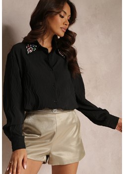 Czarna Koszula z Ozdobnymi Kryształkami na Kołnierzyku Savila ze sklepu Renee odzież w kategorii Koszule damskie - zdjęcie 157109319