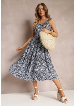 Granatowa Wiskozowa Sukienka Midi z Gumką w Talii i Marszczonym Dekoltem Elitine ze sklepu Renee odzież w kategorii Sukienki - zdjęcie 157109725