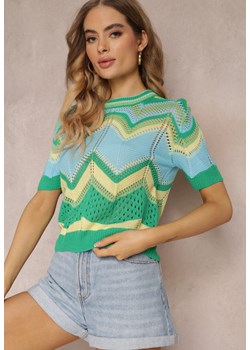 Zielony Ażurowy Sweter z Okrągłym Dekoltem i Krótkim Rękawem Veisna ze sklepu Renee odzież w kategorii Bluzki damskie - zdjęcie 157109885