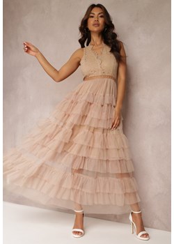 Beżowa Sukienka Koktajlowa z Koronkową Górą i Rozkloszowanym Tiulowym Dołem Venisa ze sklepu Renee odzież w kategorii Sukienki - zdjęcie 157110035