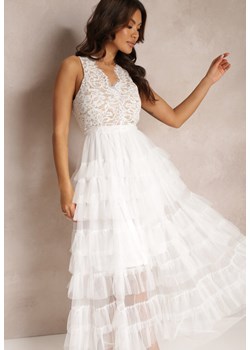 Biała Sukienka Koktajlowa z Koronkową Górą i Rozkloszowanym Tiulowym Dołem Venisa ze sklepu Renee odzież w kategorii Sukienki - zdjęcie 157110045