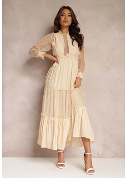 Beżowa Sukienka z Bufiastym Rękawem Ozdobiona Tiulowymi Wstawkami Laluna ze sklepu Renee odzież w kategorii Sukienki - zdjęcie 157110065