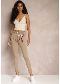 Beżowe Spodnie Skinny z Wysokim Stanem i Ozdobną Chustką Hyadia ze sklepu Renee odzież w kategorii Spodnie damskie - zdjęcie 157110175
