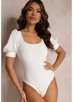 Białe Body z Prążkowanej Dzianiny z Satynowymi Bufkami Agandra ze sklepu Renee odzież w kategorii Bluzki damskie - zdjęcie 157110238