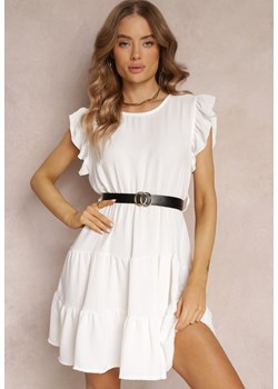 Biała Sukienka Mini z Falbankami Paskiem i Gumką w Talii Lavada ze sklepu Renee odzież w kategorii Sukienki - zdjęcie 157110268