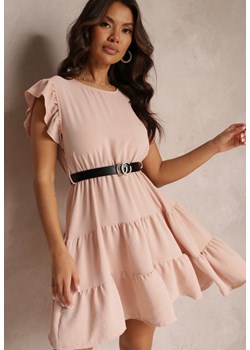 Jasnoróżowa Sukienka Mini z Falbankami Paskiem i Gumką w Talii Lavada ze sklepu Renee odzież w kategorii Sukienki - zdjęcie 157110278