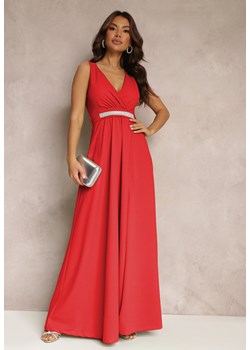 Czerwona Rozkloszowana Sukienka z Wycięciem i Paskiem w Cyrkonie Elineta ze sklepu Renee odzież w kategorii Sukienki - zdjęcie 157110388