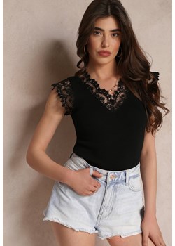 Czarny Koronkowy Top z Ozdobnym Dekoltem  Caleya ze sklepu Renee odzież w kategorii Bluzki damskie - zdjęcie 157110596